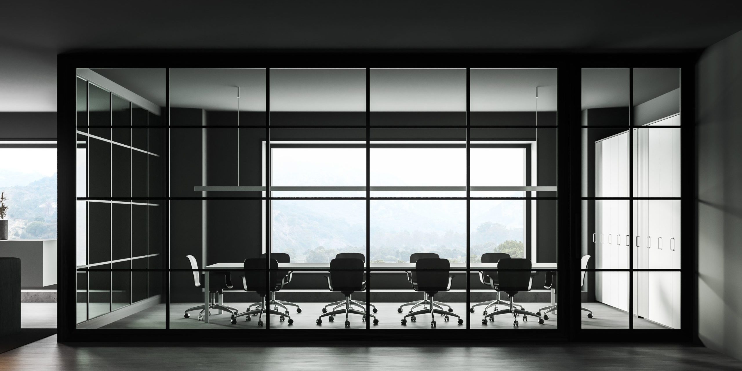 Interior of minimalistic office meeting room with gray walls, concrete floor, long conference table and window with blurry mountain view. 3d rendering