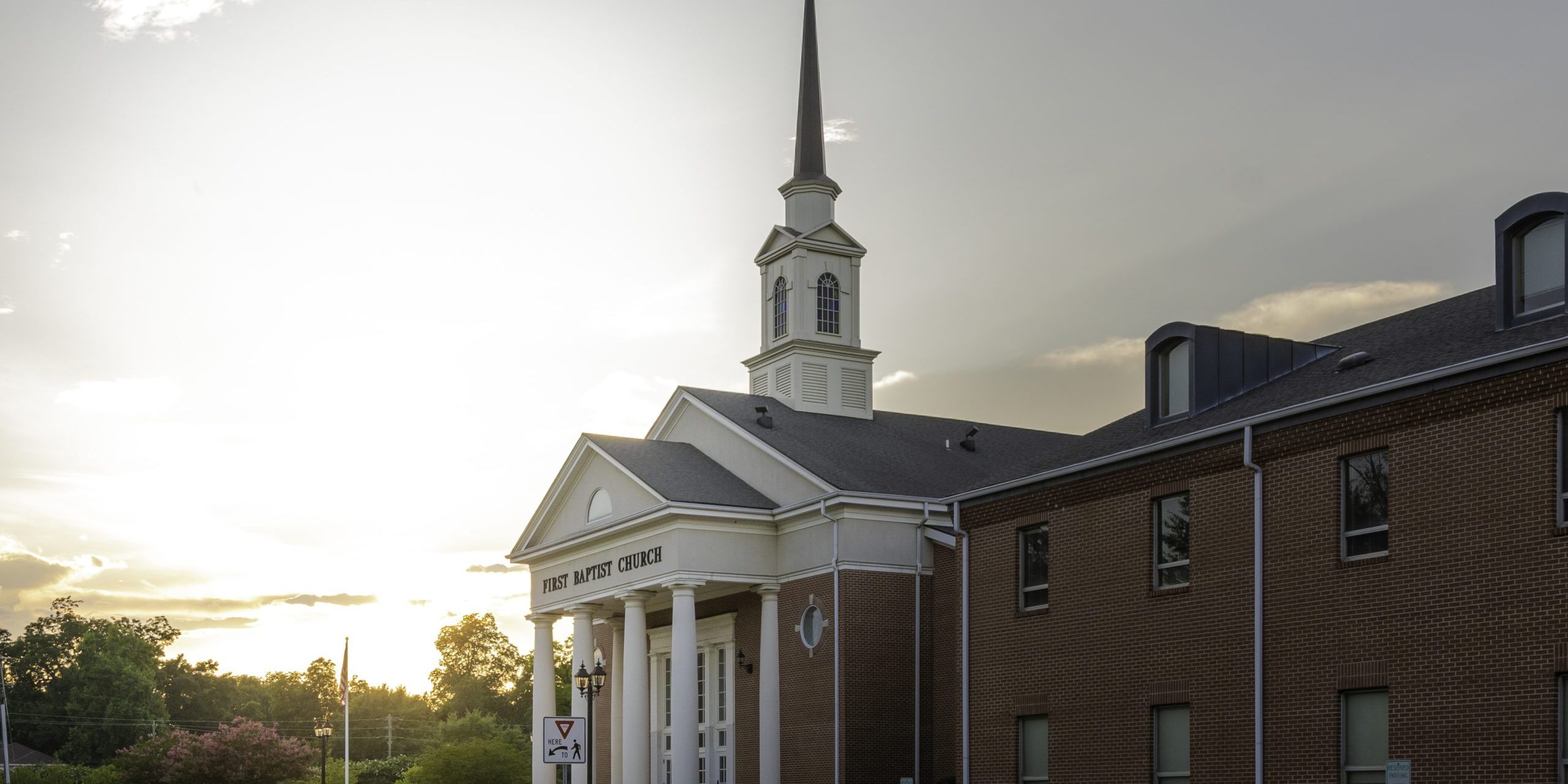 Prattville, Alabama/USA-July 4, 2018: The First Baptist Church on Washington Street in downtown Prattville..